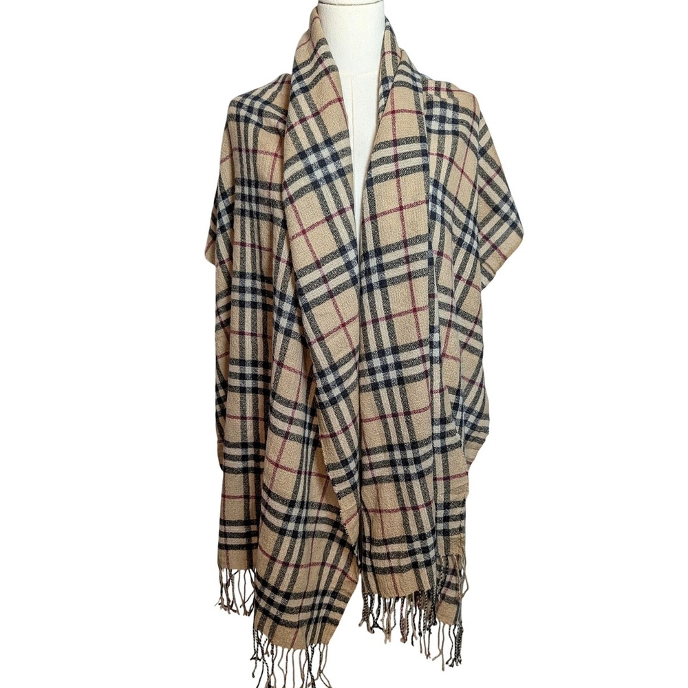 Burberry 100% Cashmere Large Shawl Blanket Scarf Nova Check Tan Oversized Fringe